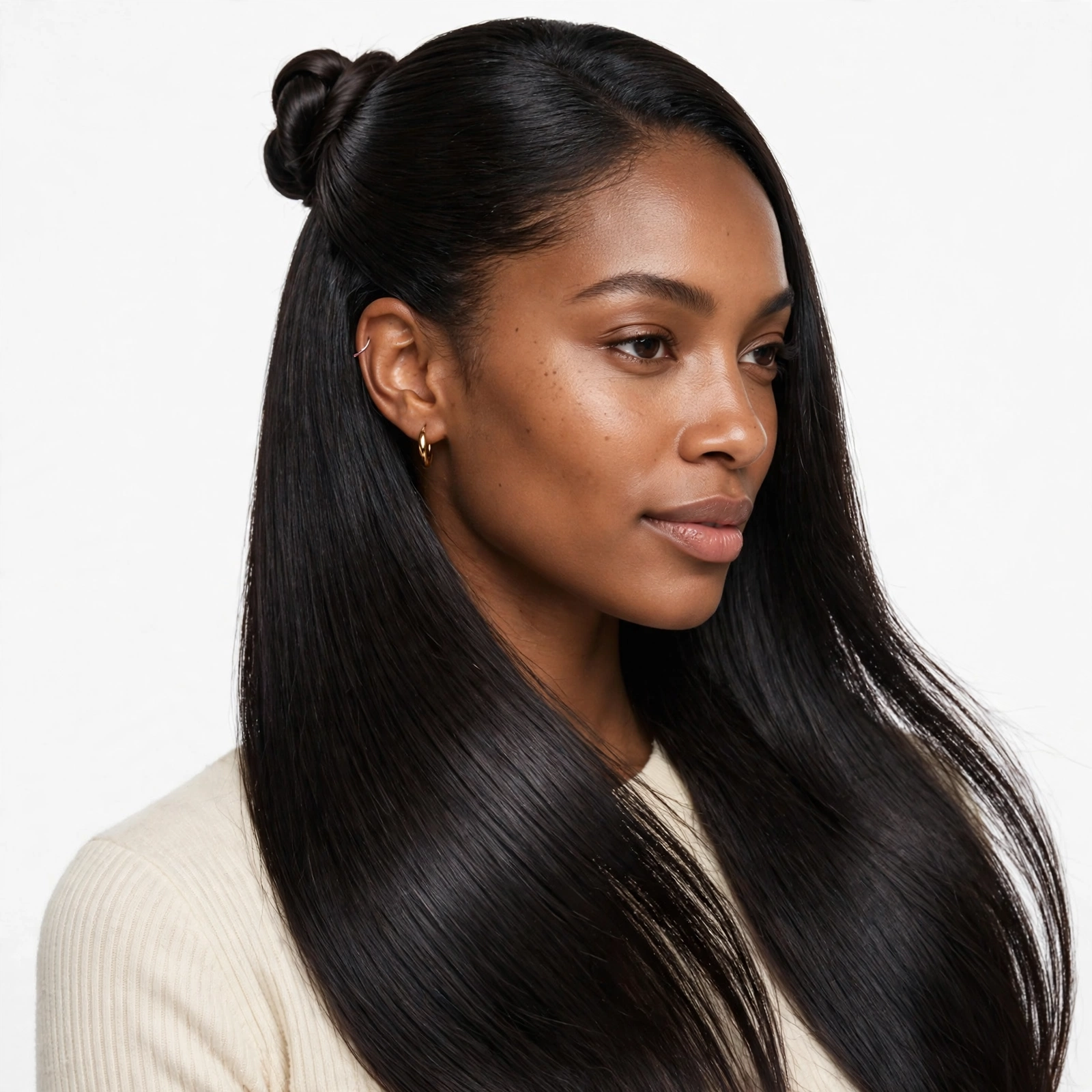 Silk press hair in a half-up half-down style