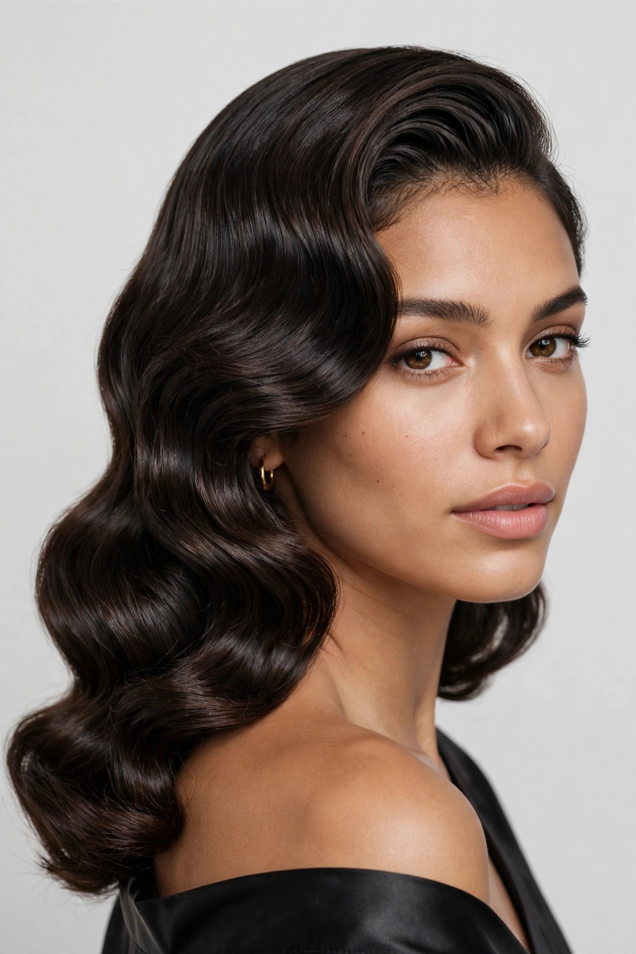 Silk press hair in a deep side part with soft glamorous waves