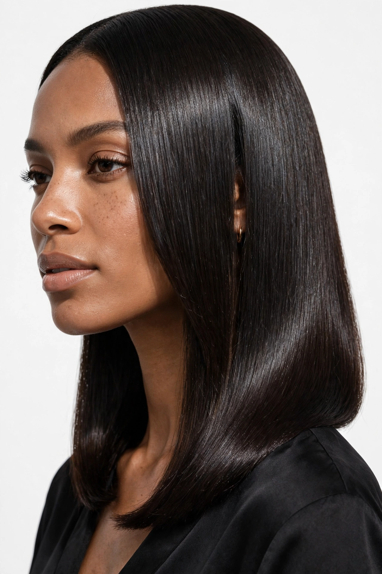 Silk press lob haircut, collarbone-length sleek straight glossy hair