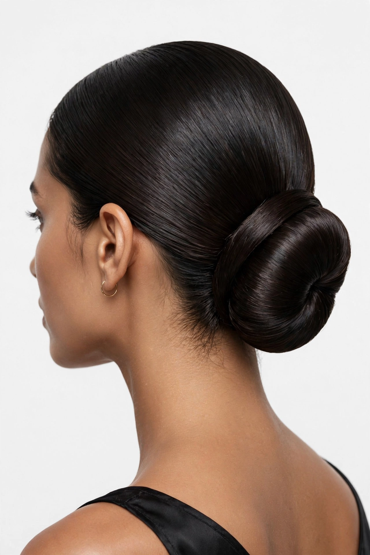 Silk press hair styled into a sleek low bun
