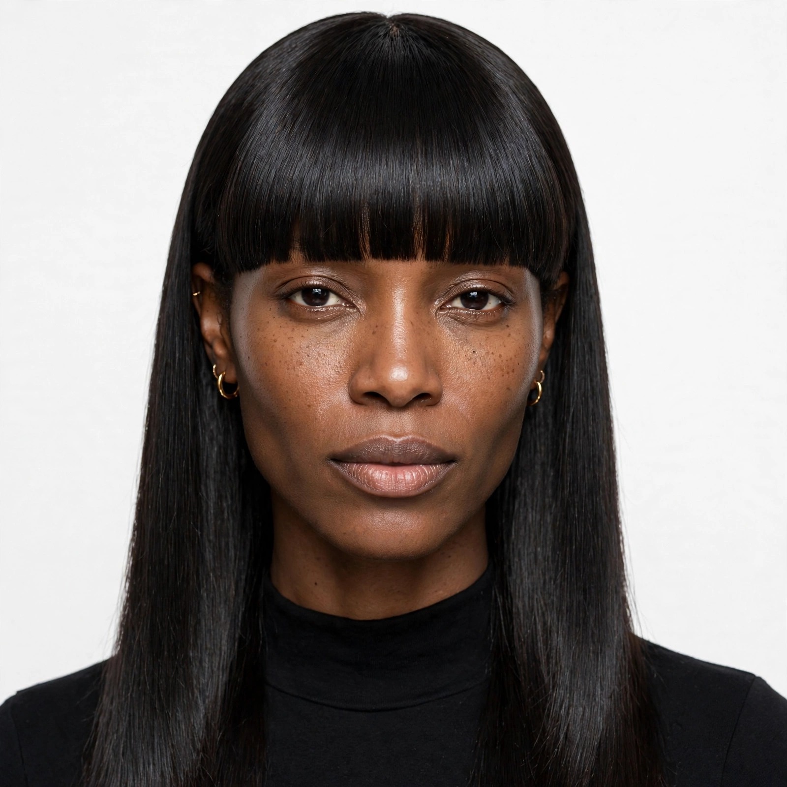 Silk press hair with straight-across blunt bangs, full fringe