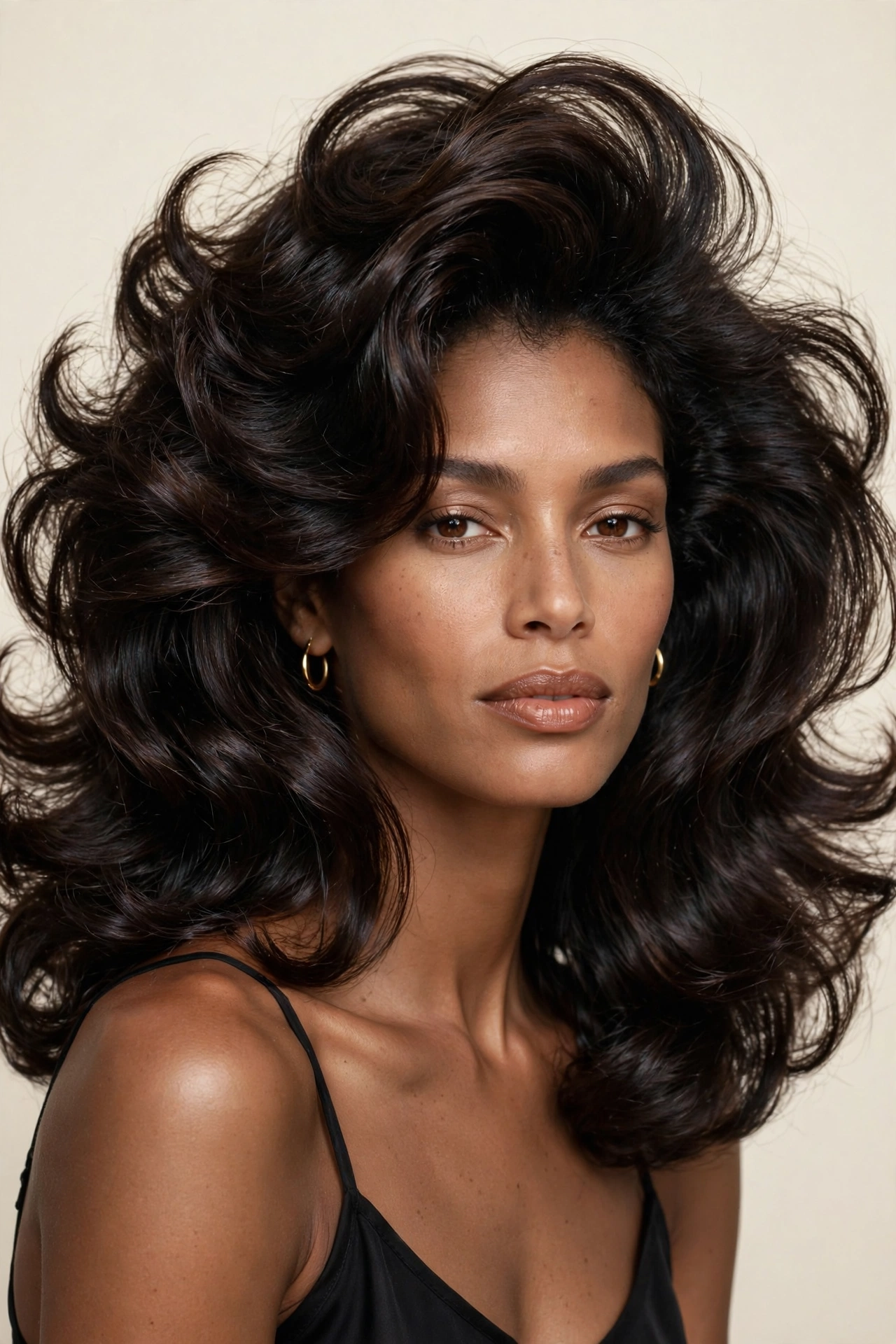 Voluminous 90s supermodel silk press blowout, big bouncy sleek glossy hair