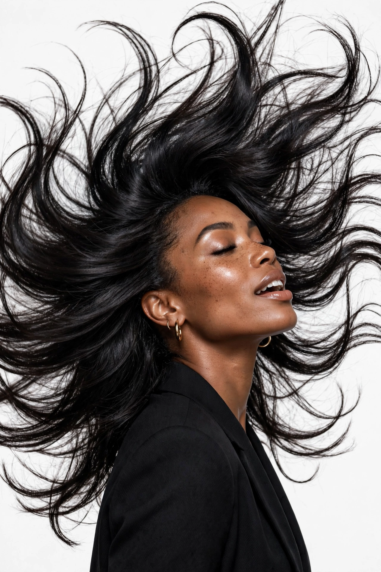 Stylist flat-ironing a section of natural hair during a silk press service