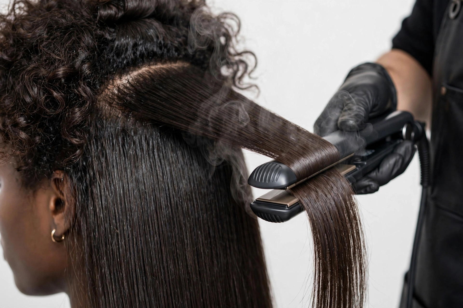 Woman with a glossy silk press, long sleek straight natural hair with glass-like shine