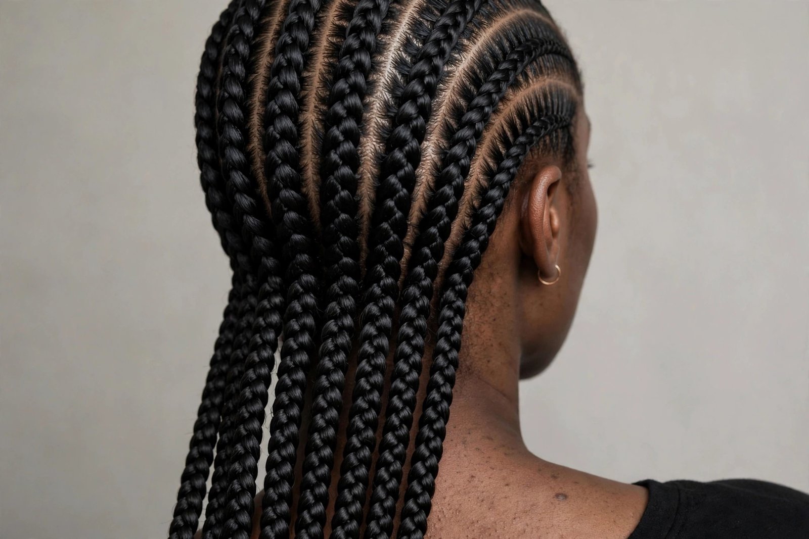 Classic straight-back stitch braids with razor-sharp partings and defined seams, rear view, editorial hair photography