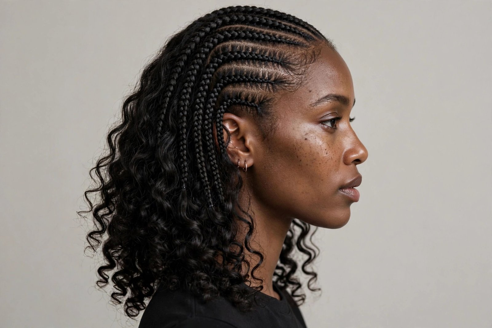 Stitch braids with curly ends, braided rows transitioning into bouncy curls, side view editorial hair photography
