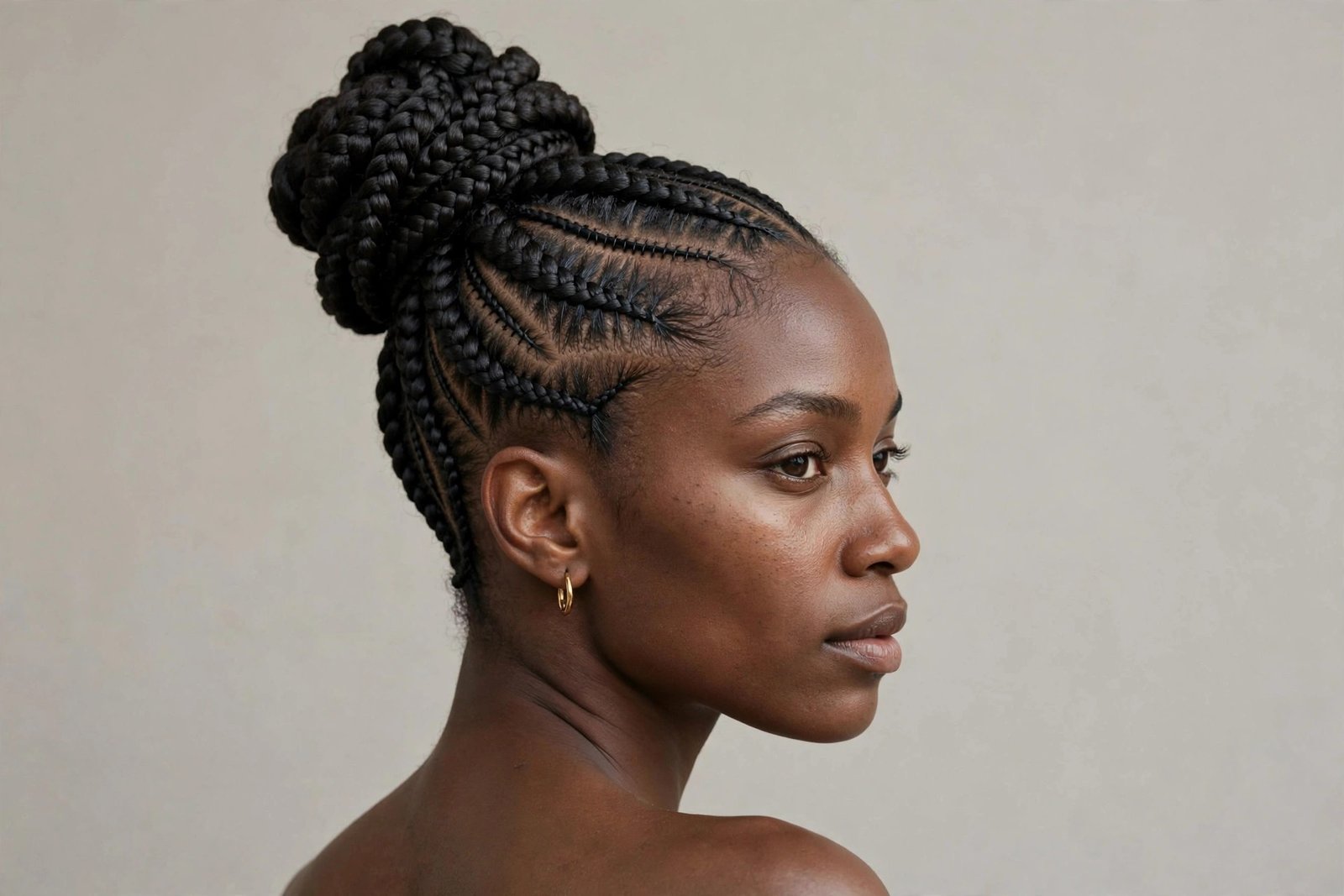 High stitch-braid bun, braids swept up into an elegant braided bun, editorial hair photography