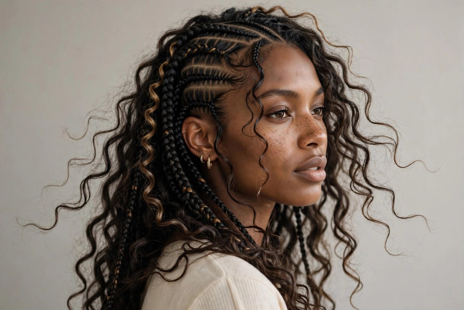 Boho stitch braids with loose curls left out throughout, free-spirited style, editorial hair photography