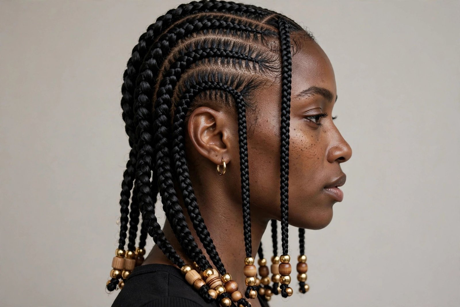 Beaded stitch braids with gold and wooden beads at the ends, crisp partings, editorial hair photography