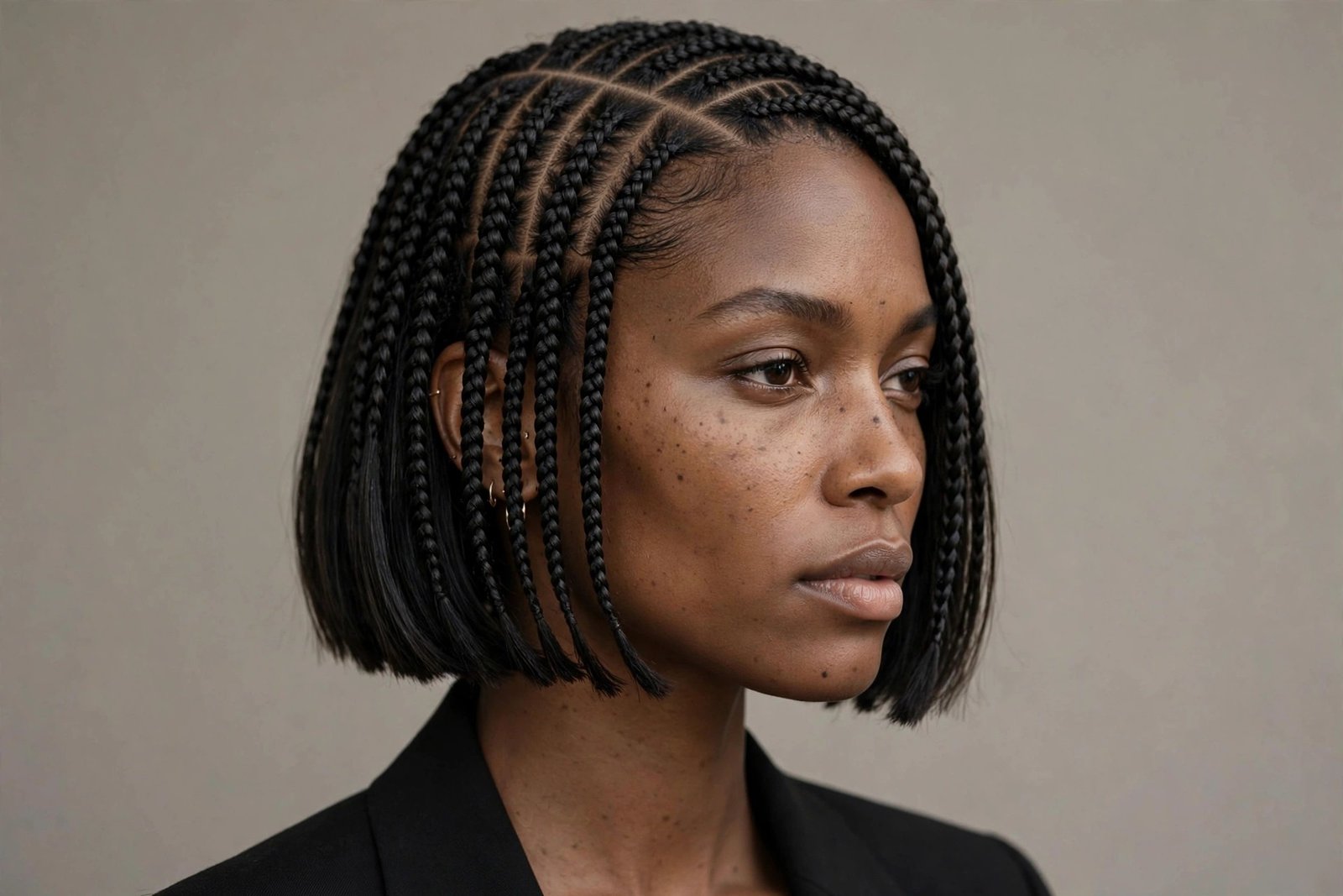 Chic stitch braid bob, chin-length braided bob with blunt ends and crisp partings, editorial hair photography