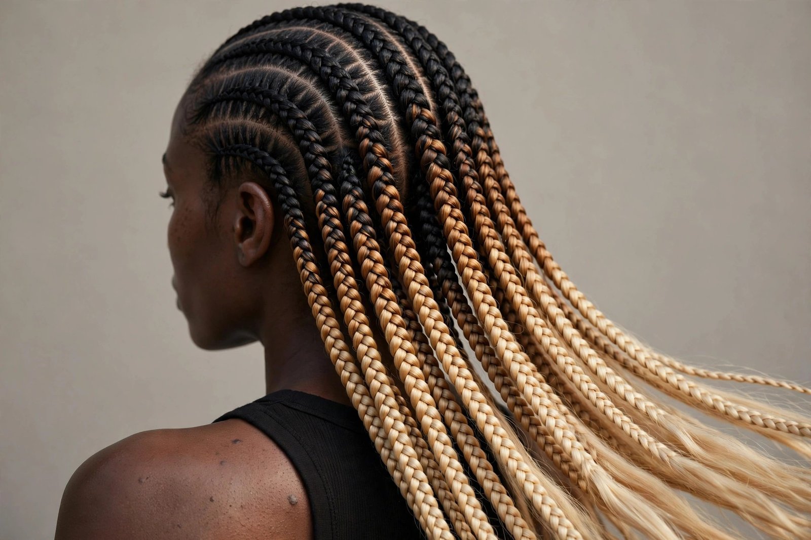 Colored stitch braids, ombre from black to honey blonde with crisp partings, editorial hair photography