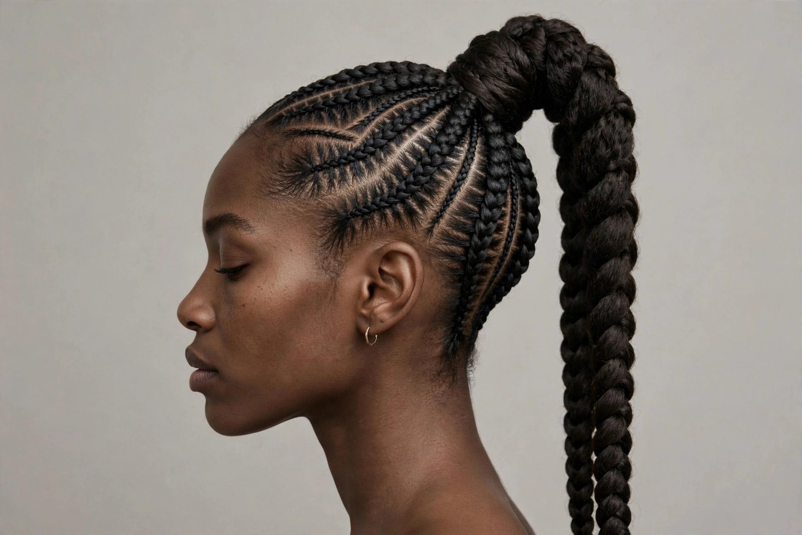 Stitch braid ponytail, braids feeding upward into a high full ponytail, editorial hair photography