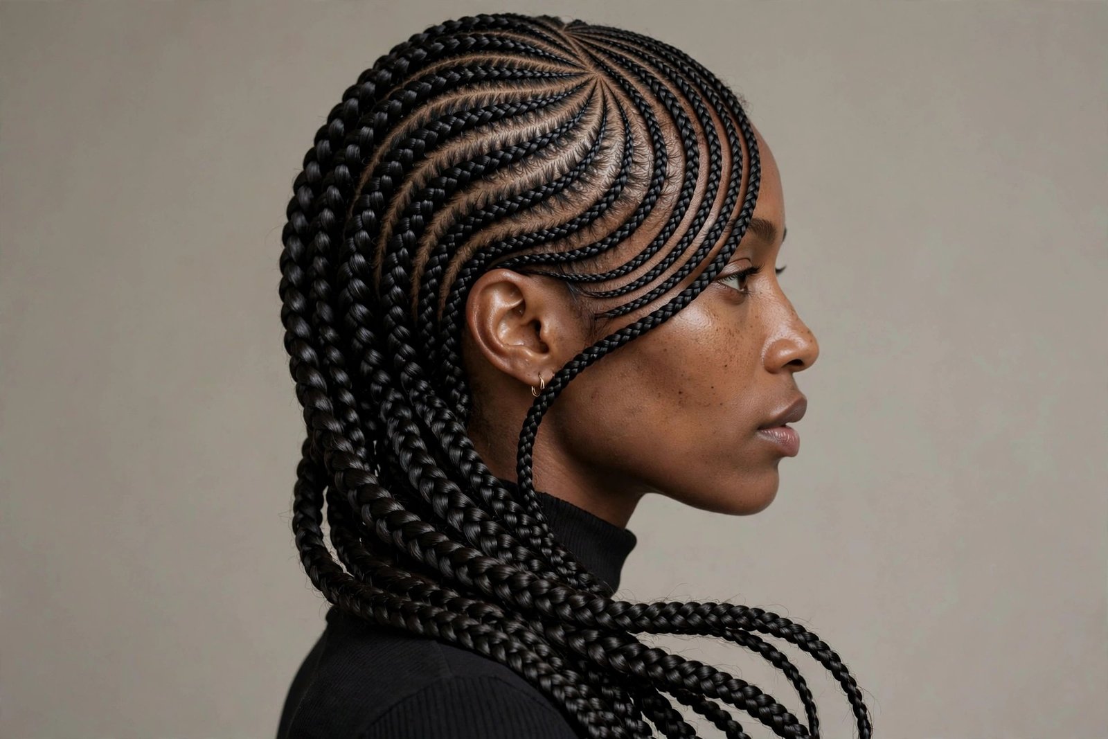 Side-swept stitch braids with elegant curved rows flowing to one side, editorial hair photography