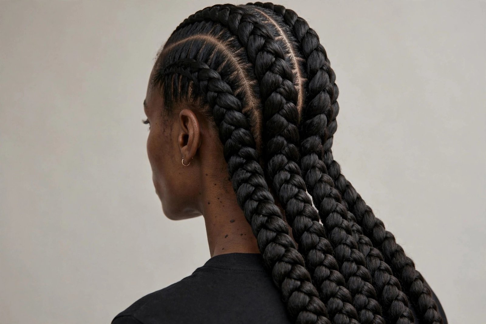 Jumbo stitch braids, thick chunky braided rows with crisp stitched partings, editorial hair photography