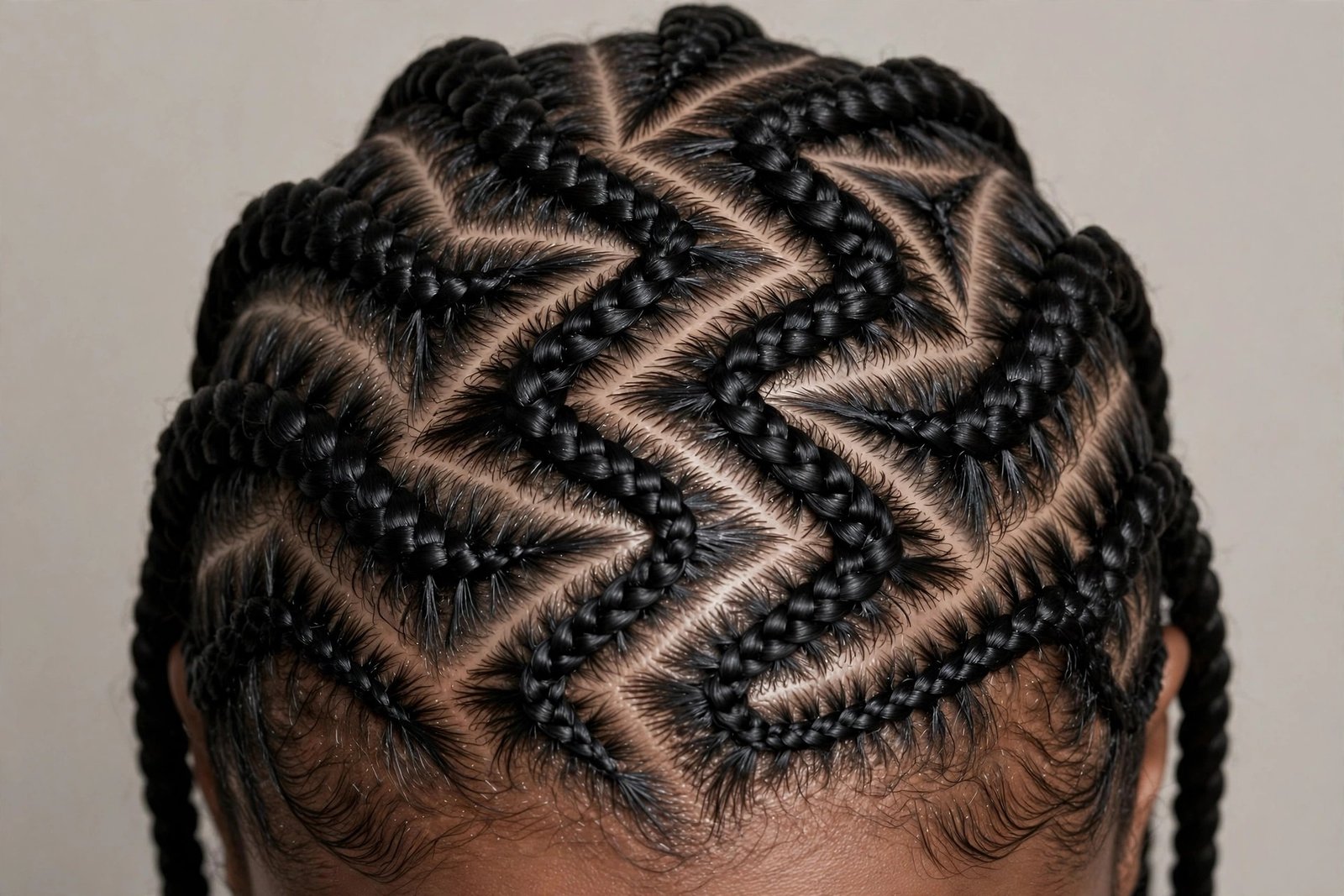 Zigzag-part stitch braids with sharp geometric partings and defined seams, editorial hair photography