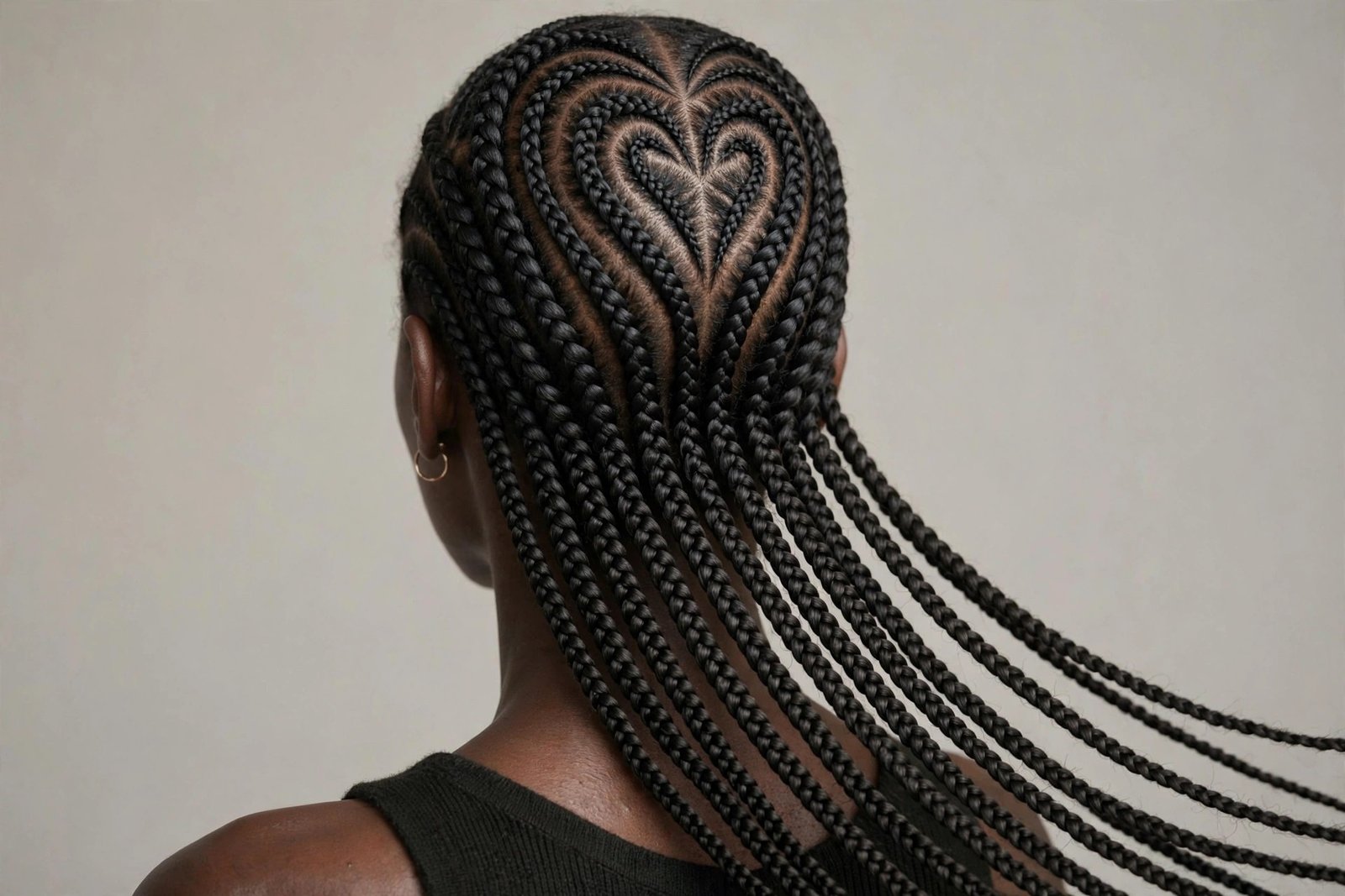 Heart-design stitch braids with a heart-shaped parting at the crown, romantic style, editorial hair photography