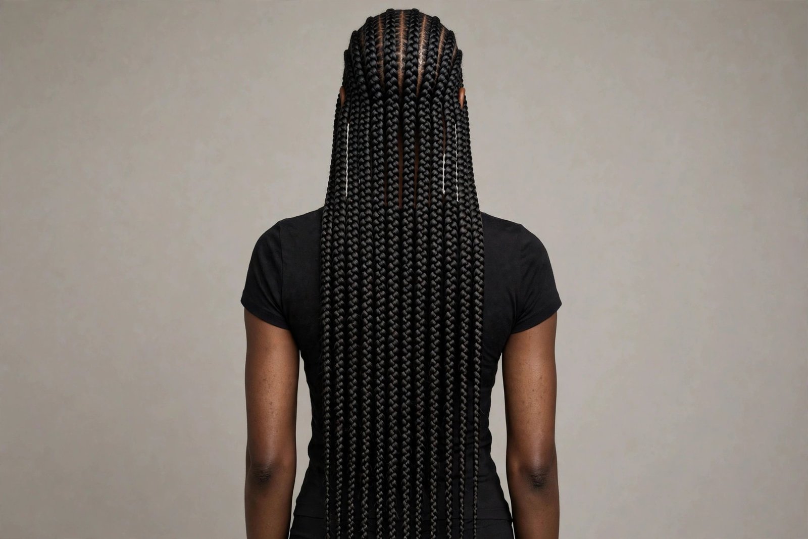 Waist-length stitch braids, extremely long sleek braided rows with crisp partings, editorial hair photography