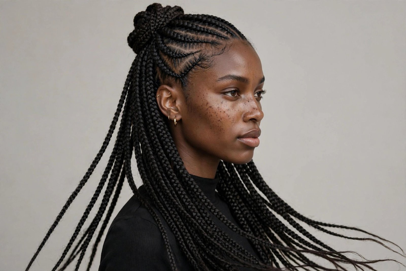 Half-up half-down stitch braids, top section gathered with the rest flowing down, editorial hair photography