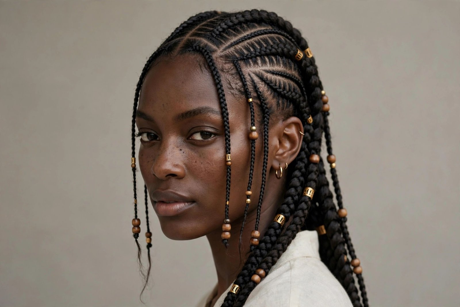 Fulani-inspired stitch braids with center part, temple braids and bead accents, editorial hair photography