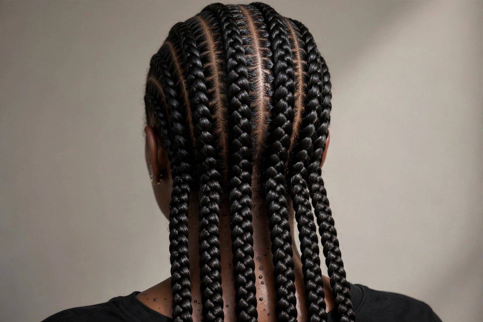 Fresh stitch braids seen from behind, crisp rows and stitched seams, editorial hair photography