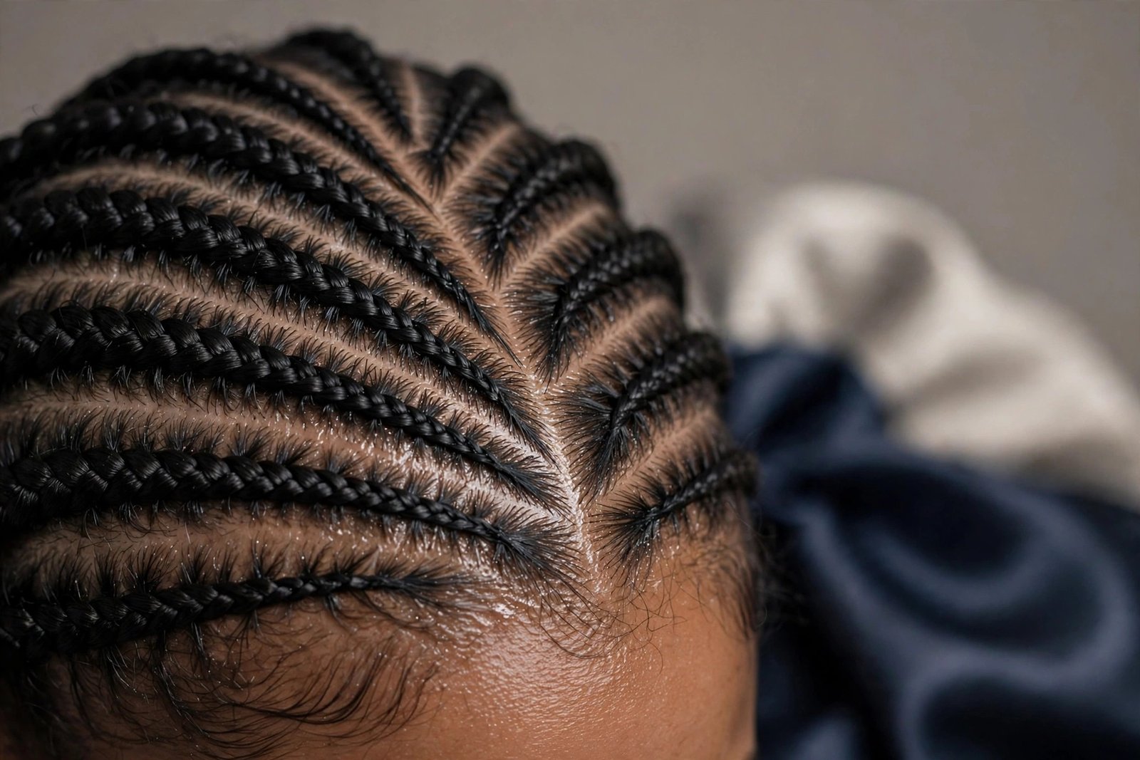 Close-up of stitch braid scalp with crisp partings and healthy moisturized hair, nighttime care, editorial hair photography