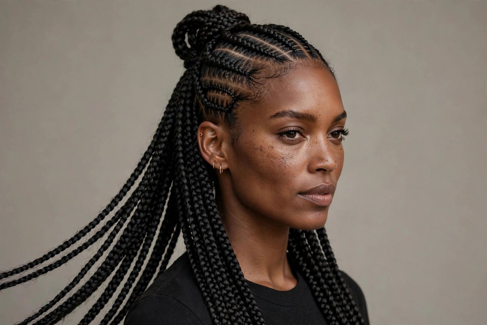 Woman with long feed-in stitch braids in a half-up style, crisp stitched seams visible, editorial hair photography