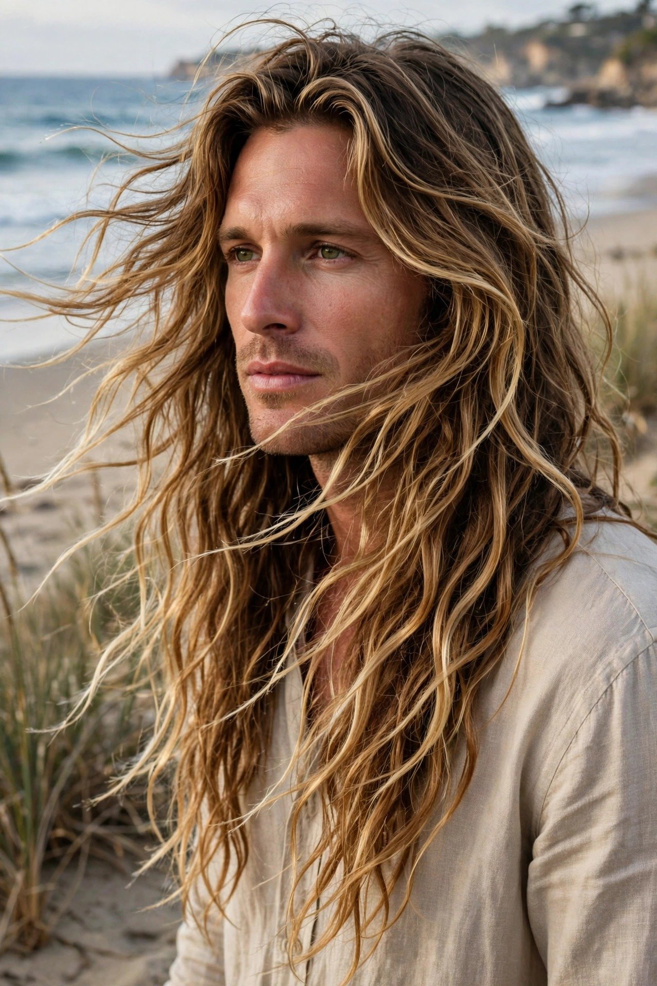 Man with classic sun-kissed surfer hair flowing naturally in the ocean breeze at the beach