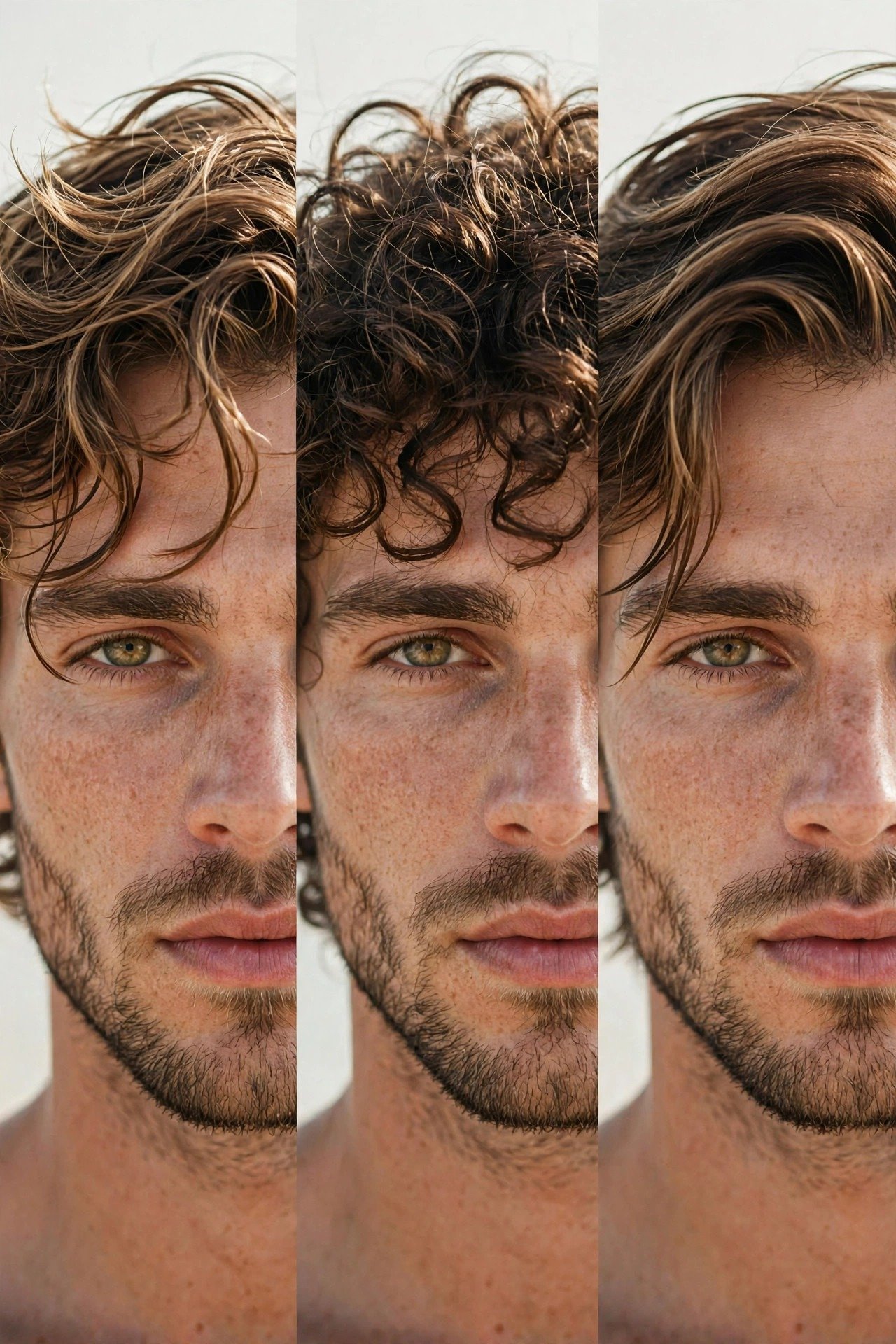 Close-up comparison of wavy, curly and straight hair textures all styled in surfer hair looks