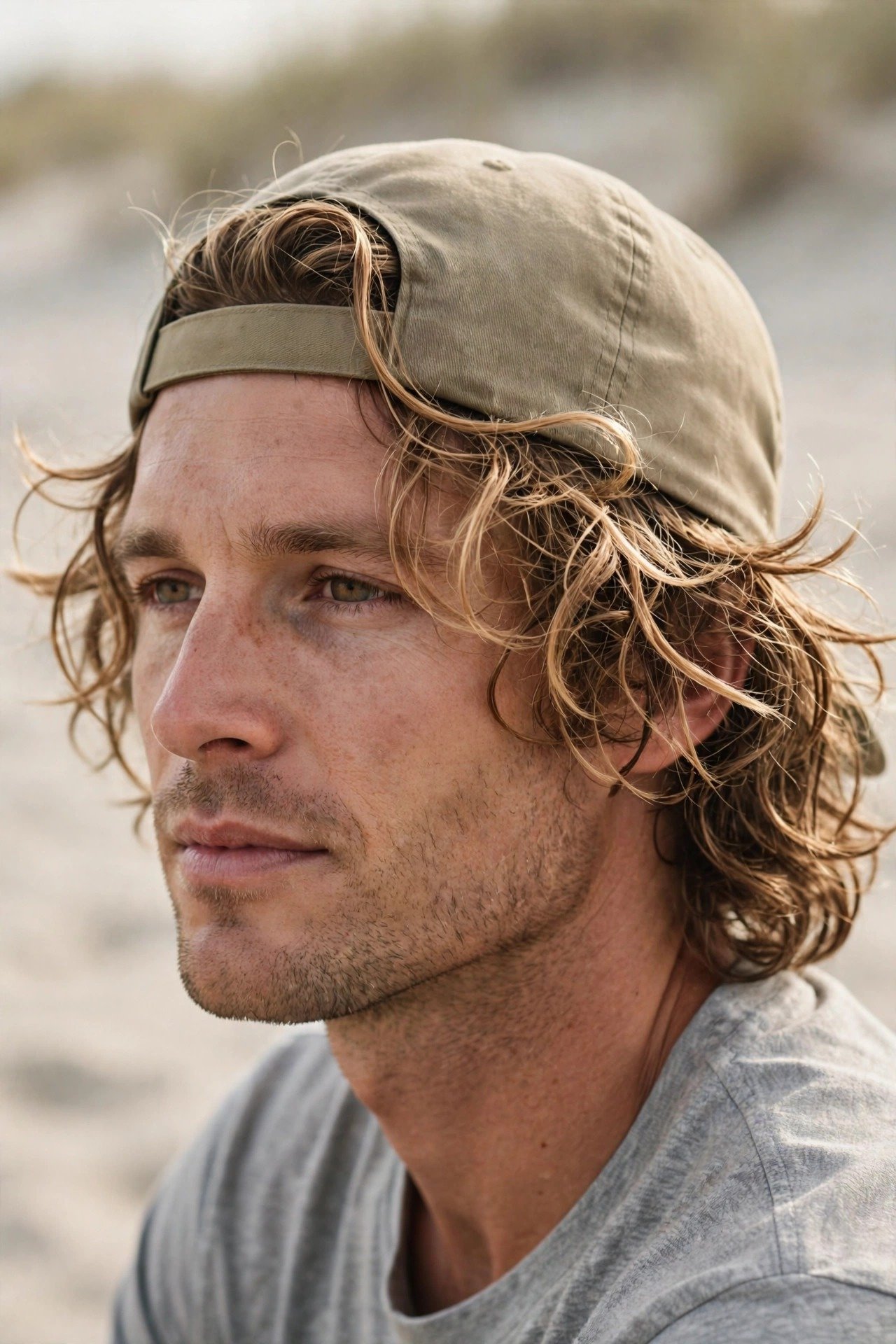 Man in the awkward growing stage wearing a cap with medium length hair starting to wave
