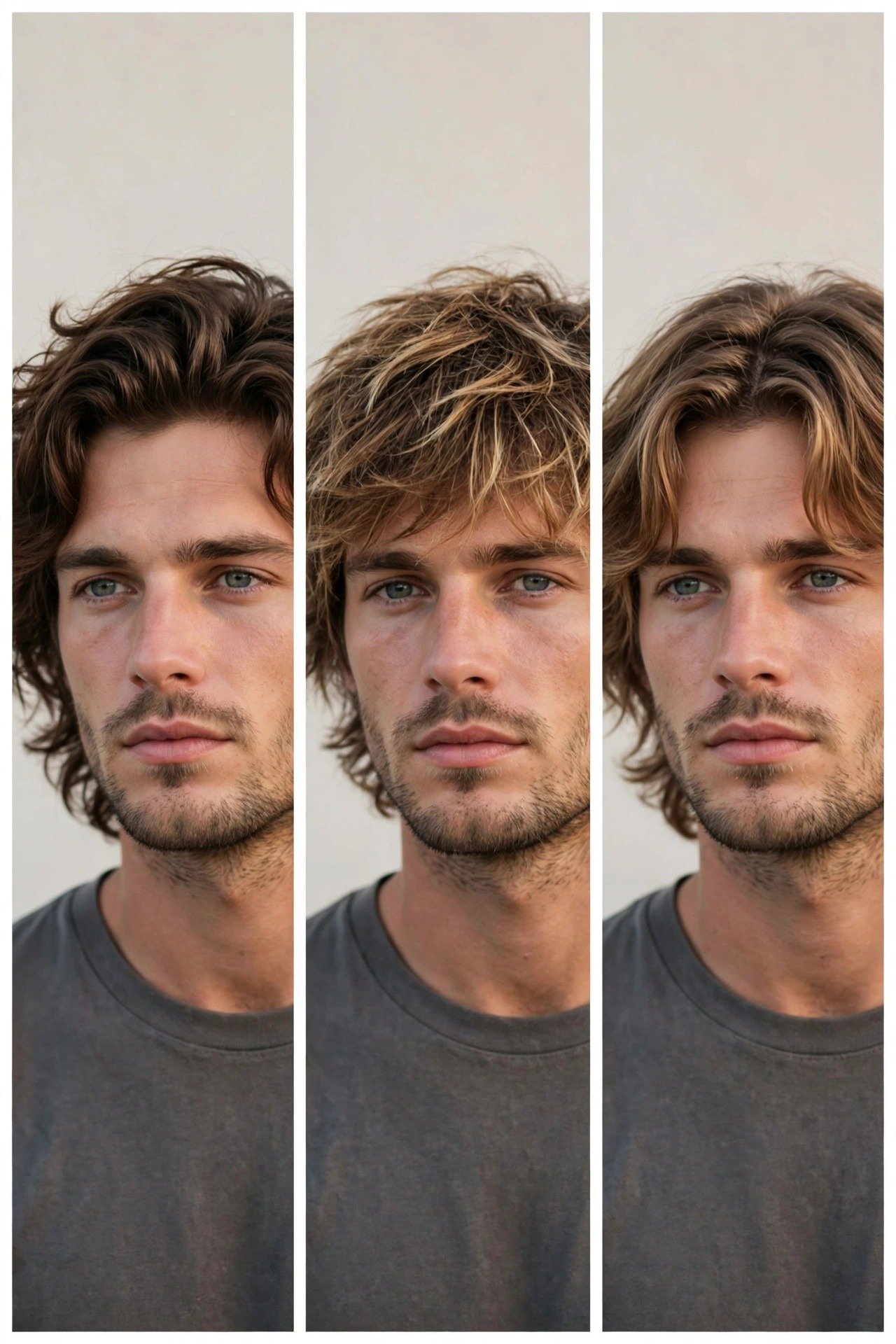 Three surfer hairstyle variations showing classic flow, sun-kissed shag and beach curtain looks