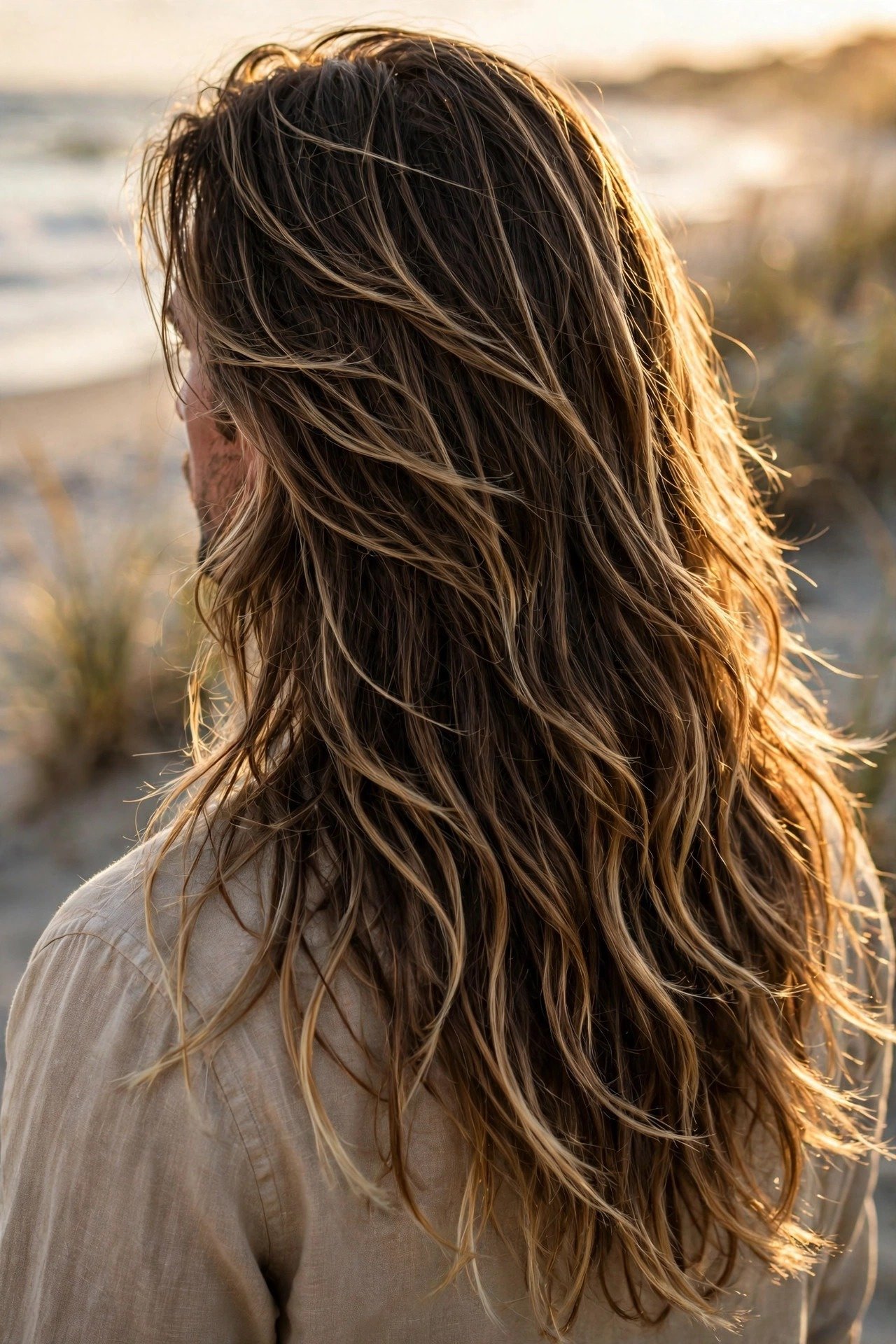 Man with long layered surfer hair showing dimensional sun-lightened ends and natural wave