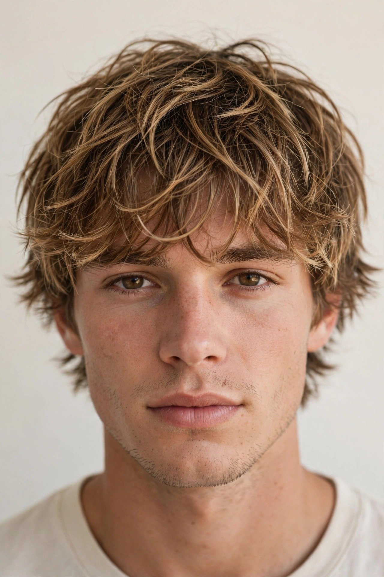 Surfer shag with textured fringe falling over the forehead in loose beachy waves
