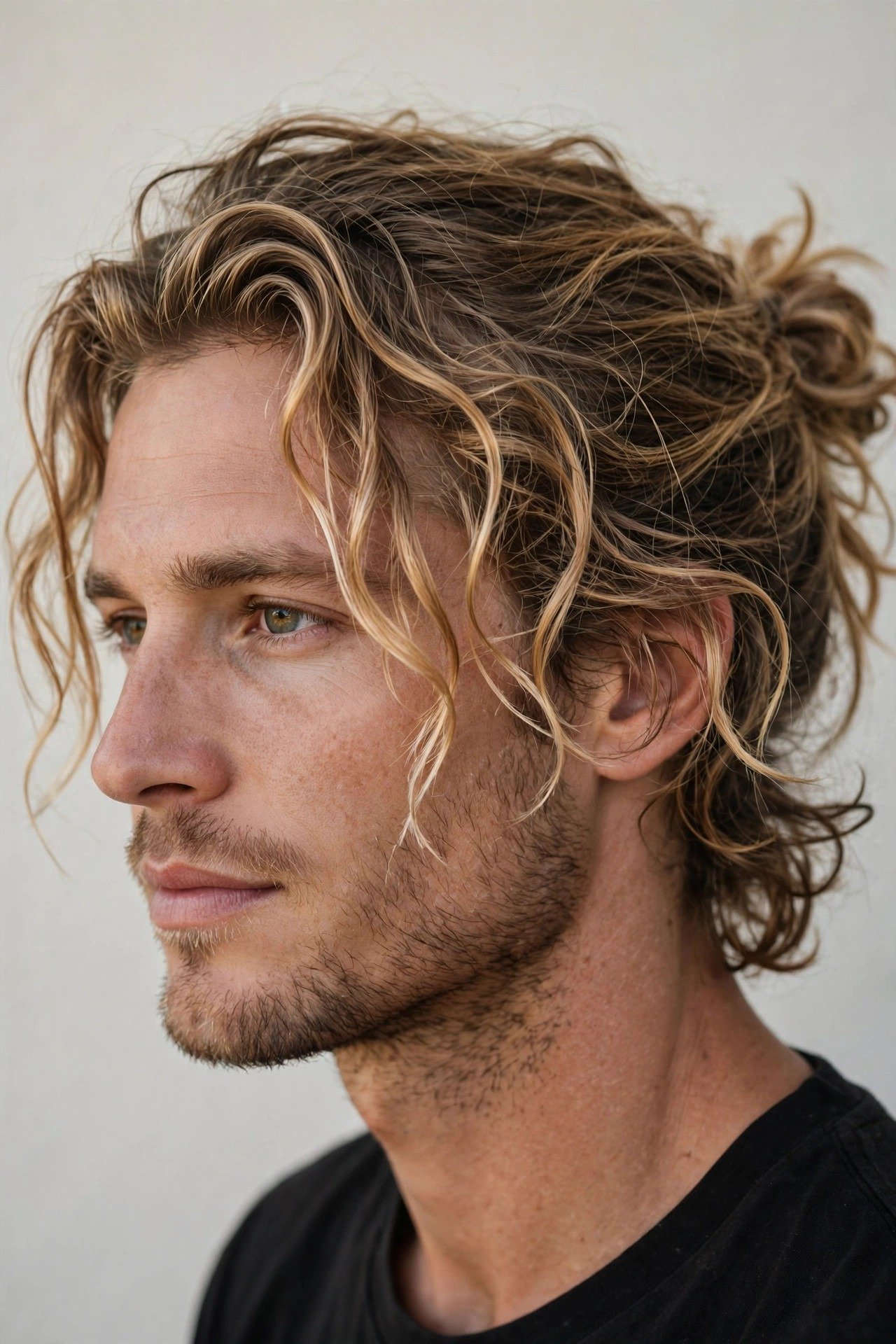 Man with surfer hair tied in a relaxed messy bun with loose wavy pieces framing his face