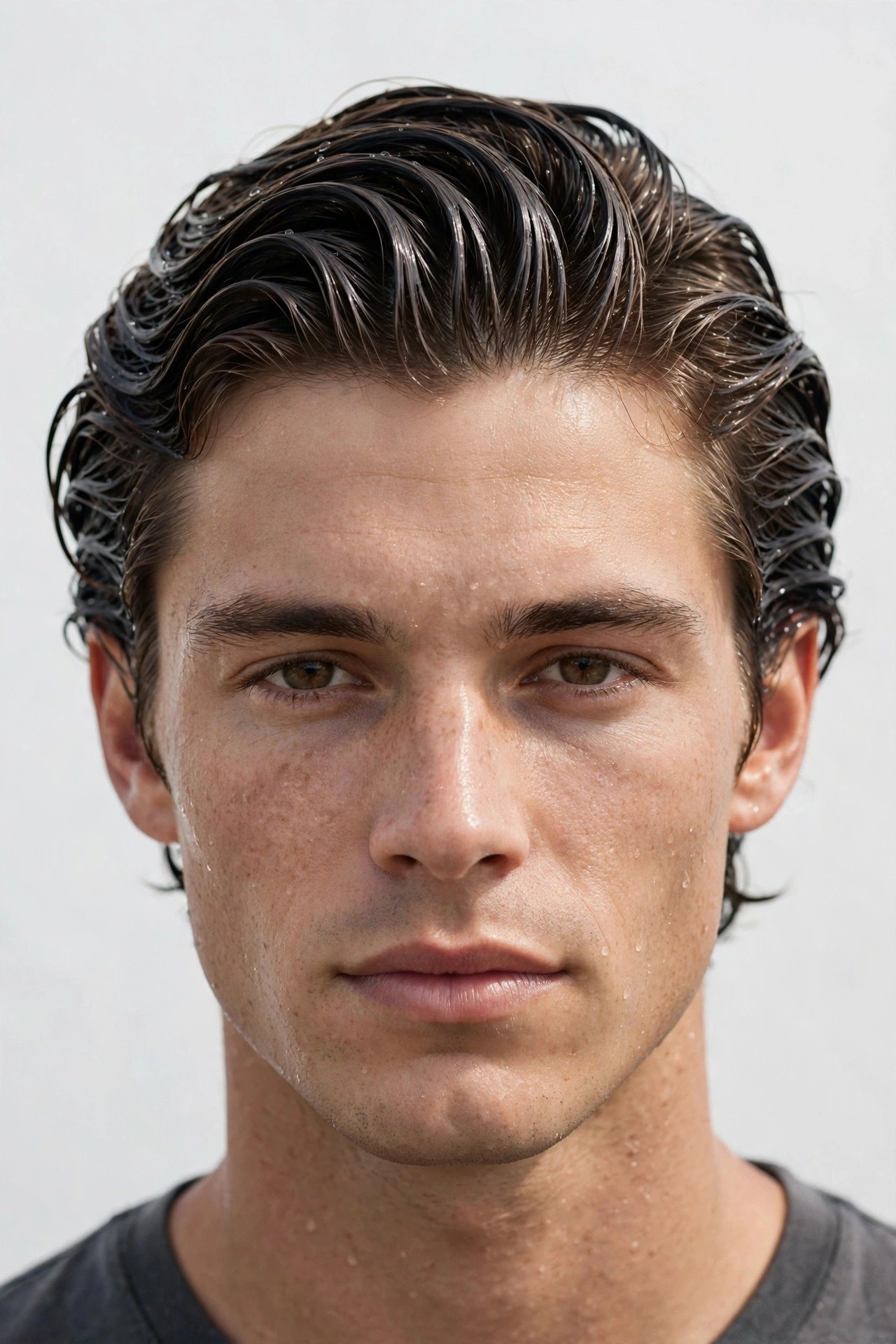 Wet look surfer hair with glossy defined waves swept back from the face