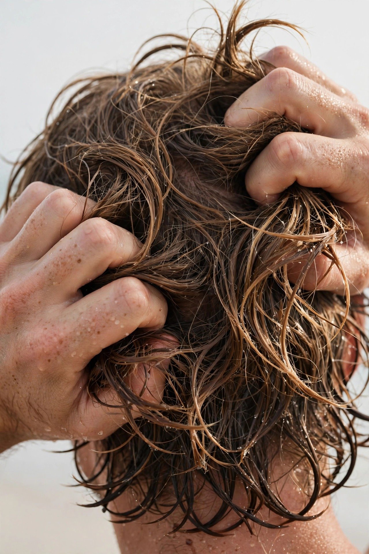 Man scrunching sea salt spray into damp surfer hair to build natural beachy wave texture