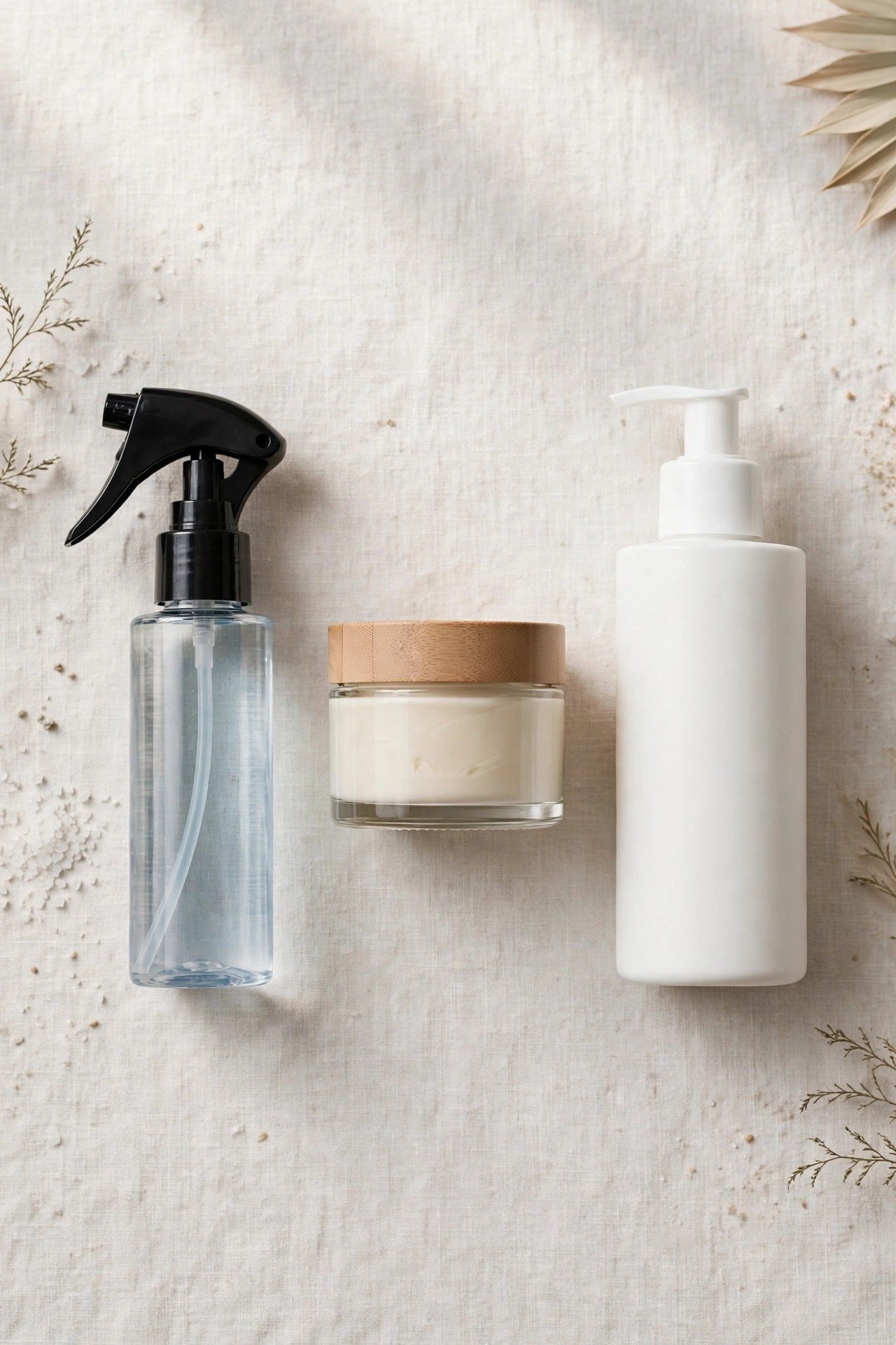 Sea salt spray, texture cream and leave-in conditioner arranged as the essential surfer hair kit