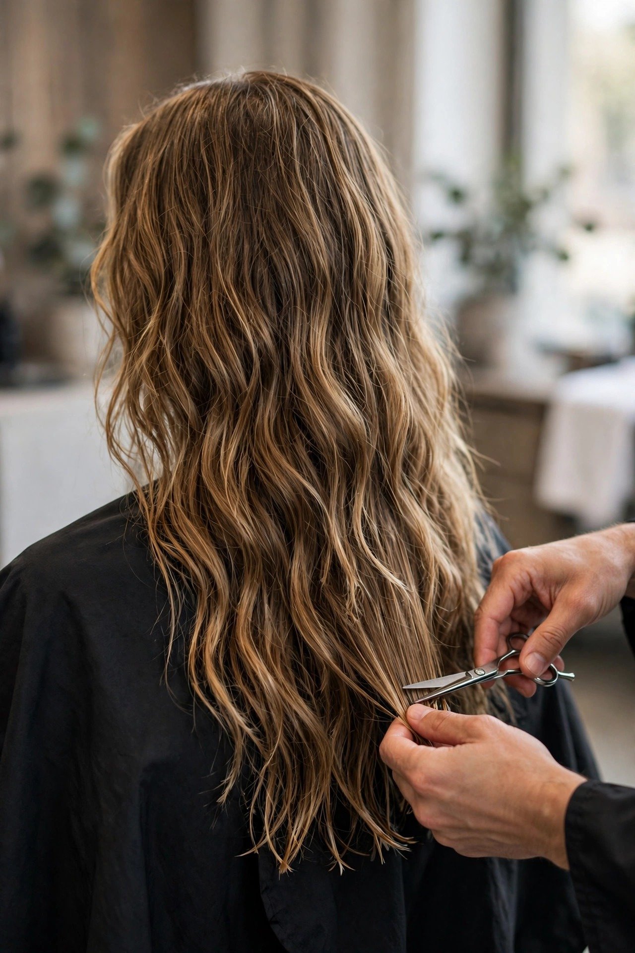 Stylist trimming the ends of long surfer hair to maintain healthy shape and remove split ends