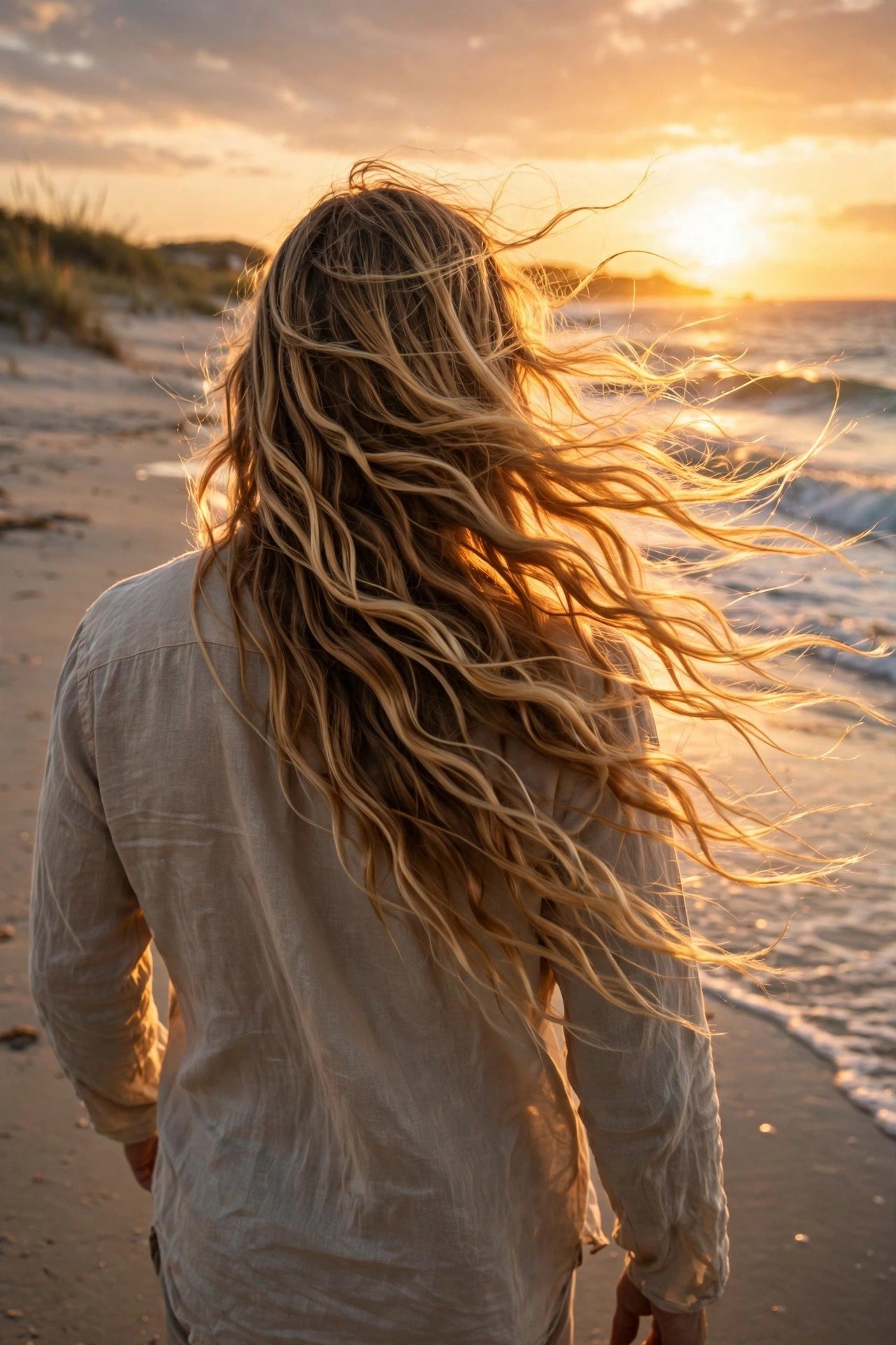 Man with flowing sun-kissed surfer hair walking on the beach at golden hour