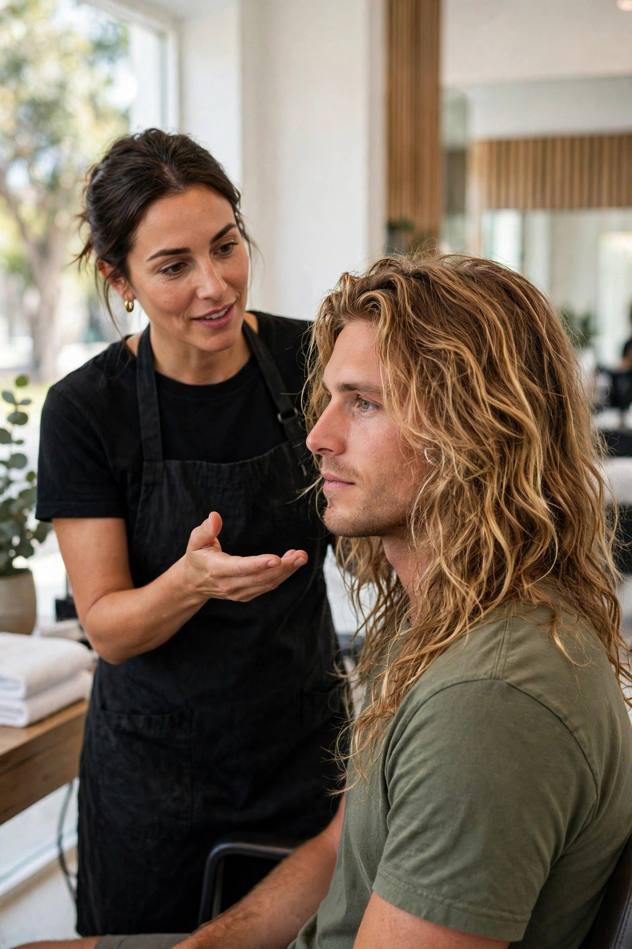 Stylist consulting with a client about growing and maintaining long surfer hair for men