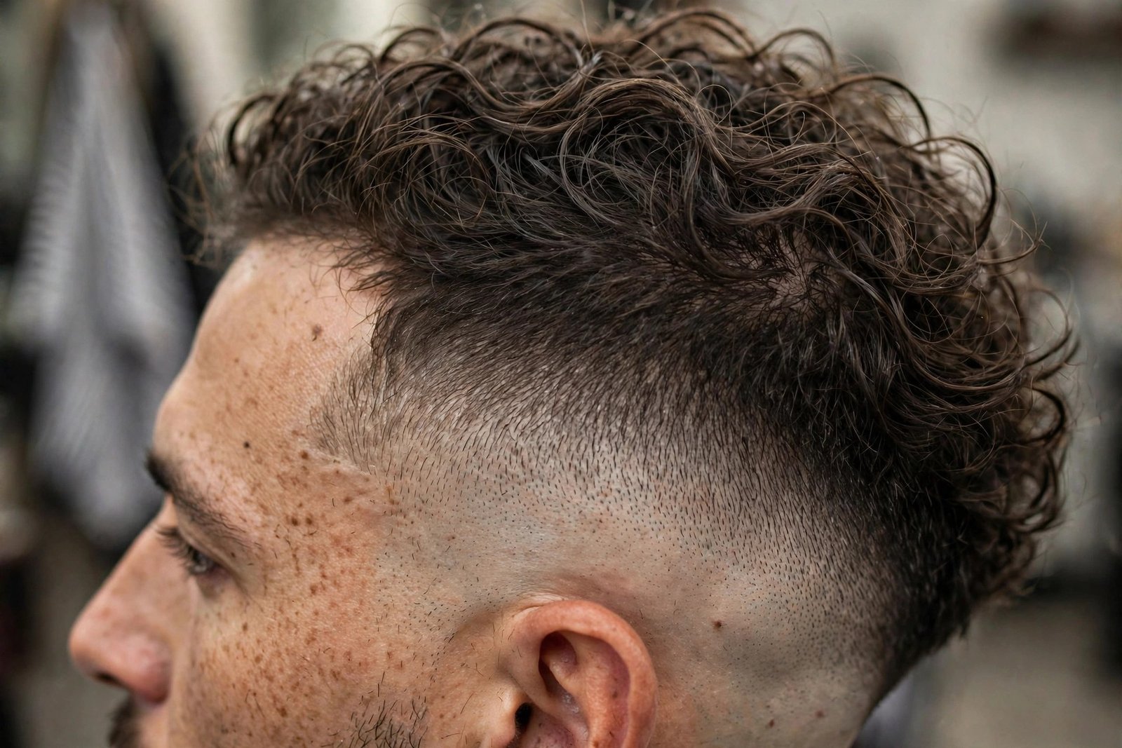 Close side view of a man's temple area showing the precise fade blend from skin to longer hair, detailed barbershop phot