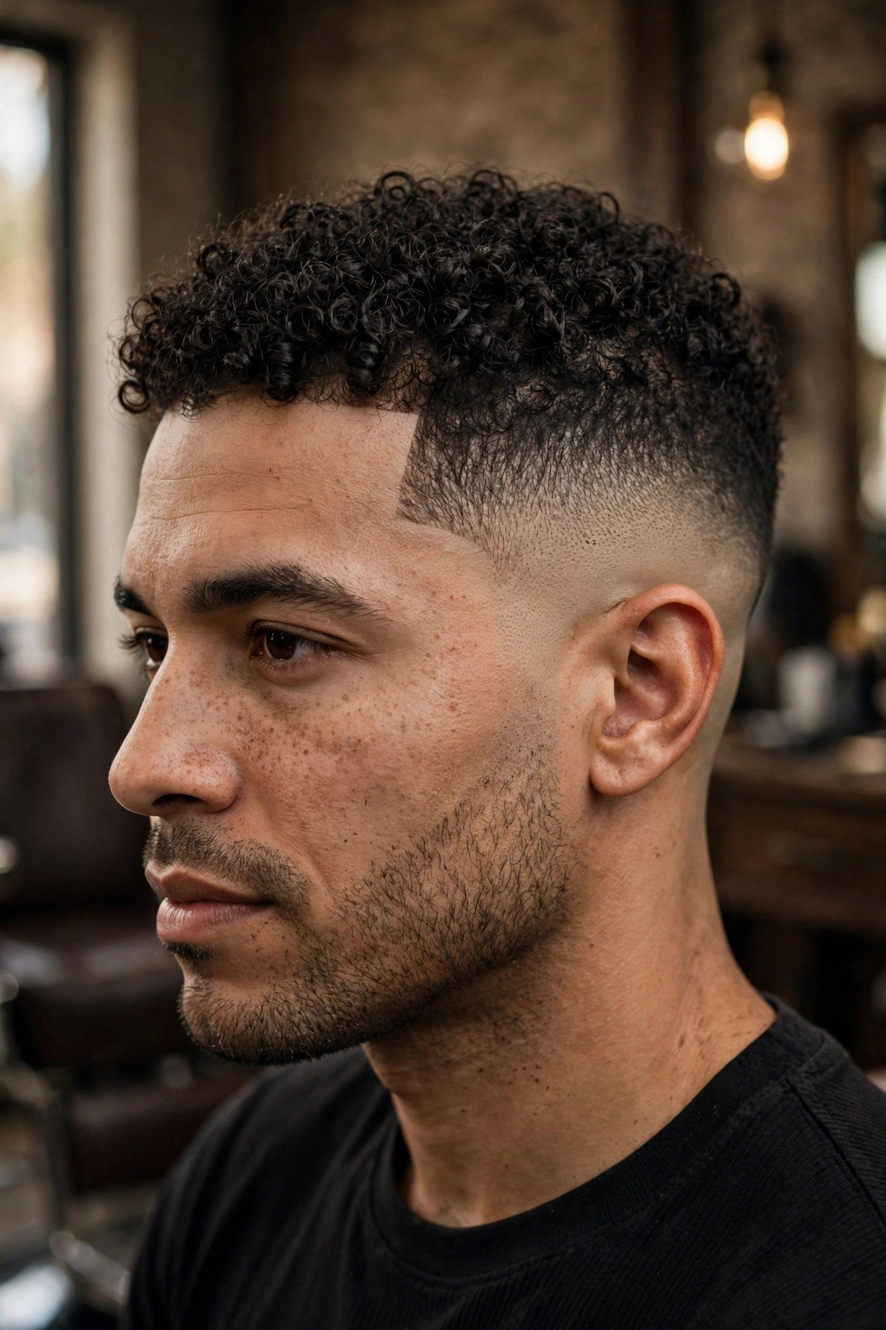 Hero shot of a man with a crisp temple fade and short curly top, three-quarter angle showing the faded temple area, prem