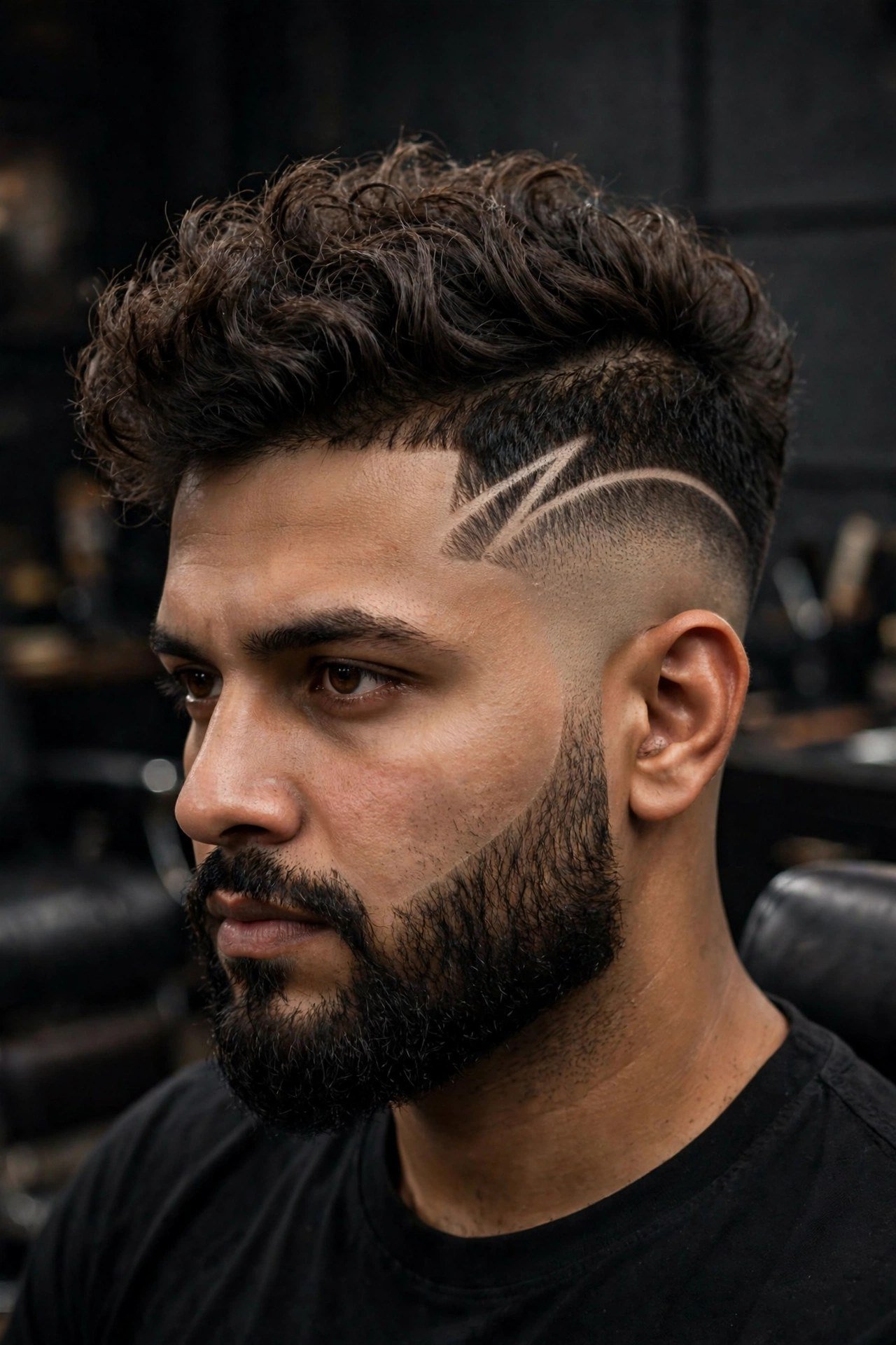 Bold temple fade styles on men — skin fade with beard, hair design, and longer top — dramatic barbershop photography