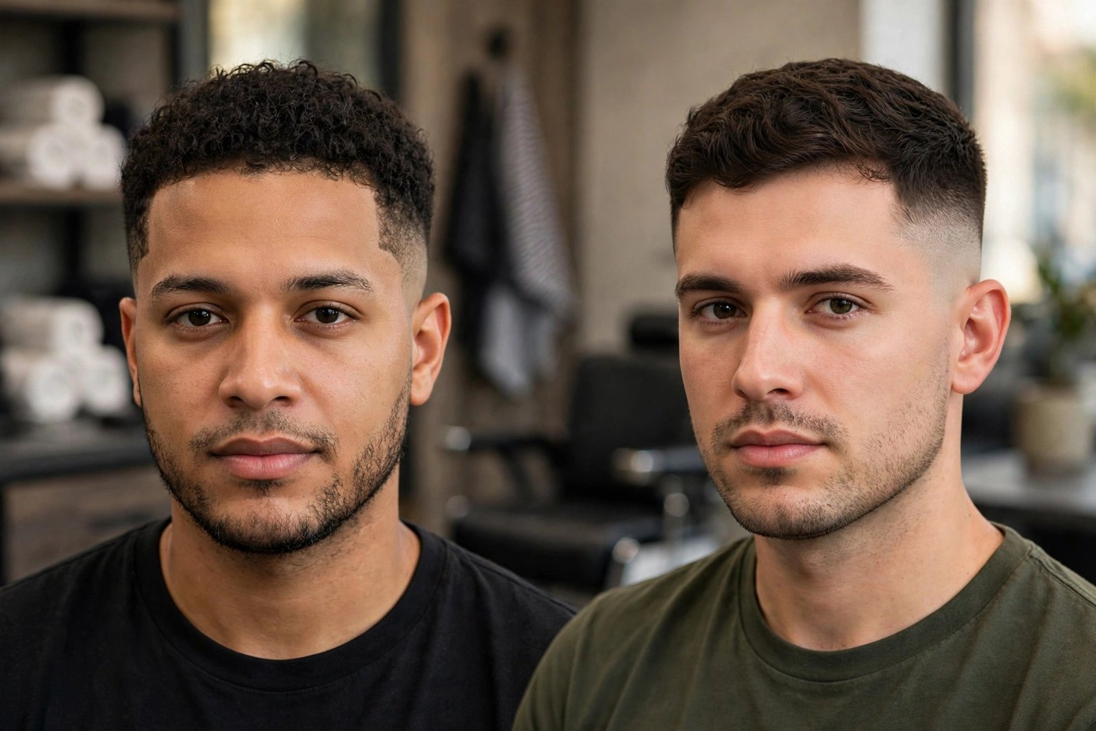 Side-by-side comparison of a temple fade versus a full fade on two men, educational barbershop photography