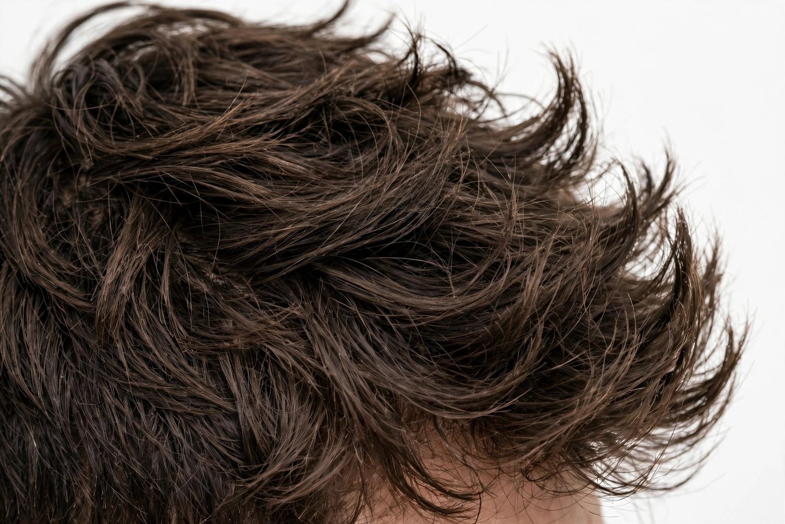 Close-up of textured messy hair for men showing piecey layers and natural separation