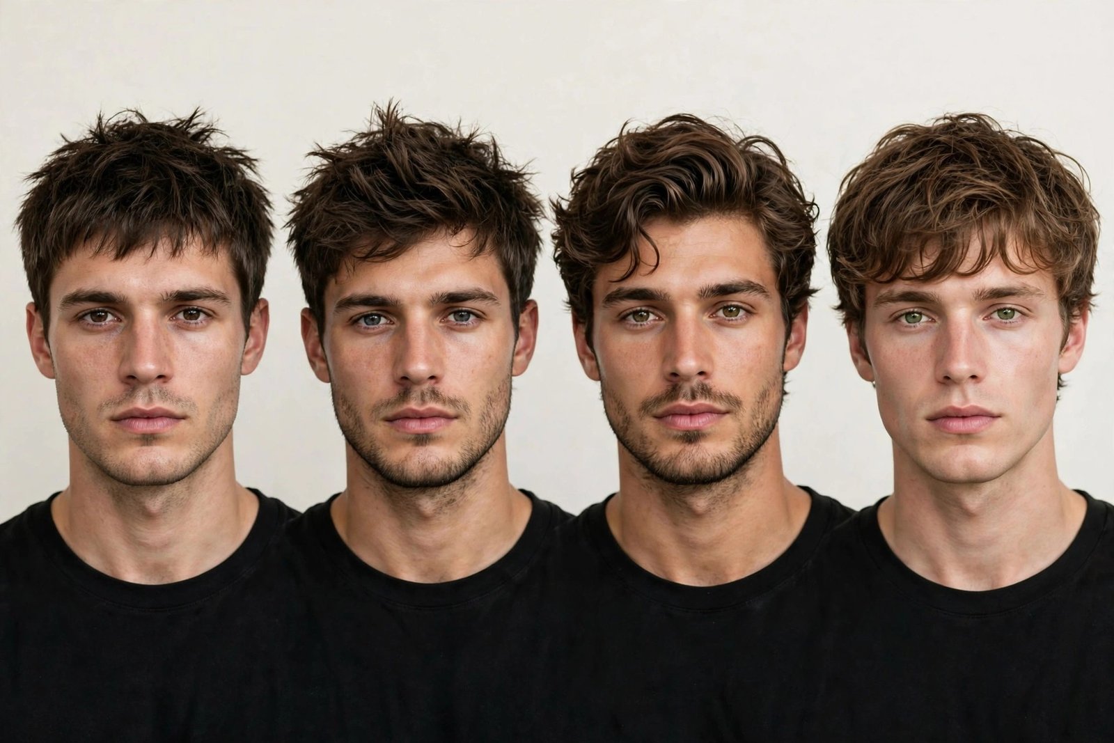 Collage of textured messy hair men styles 2026 from tousled crop to wavy fringe