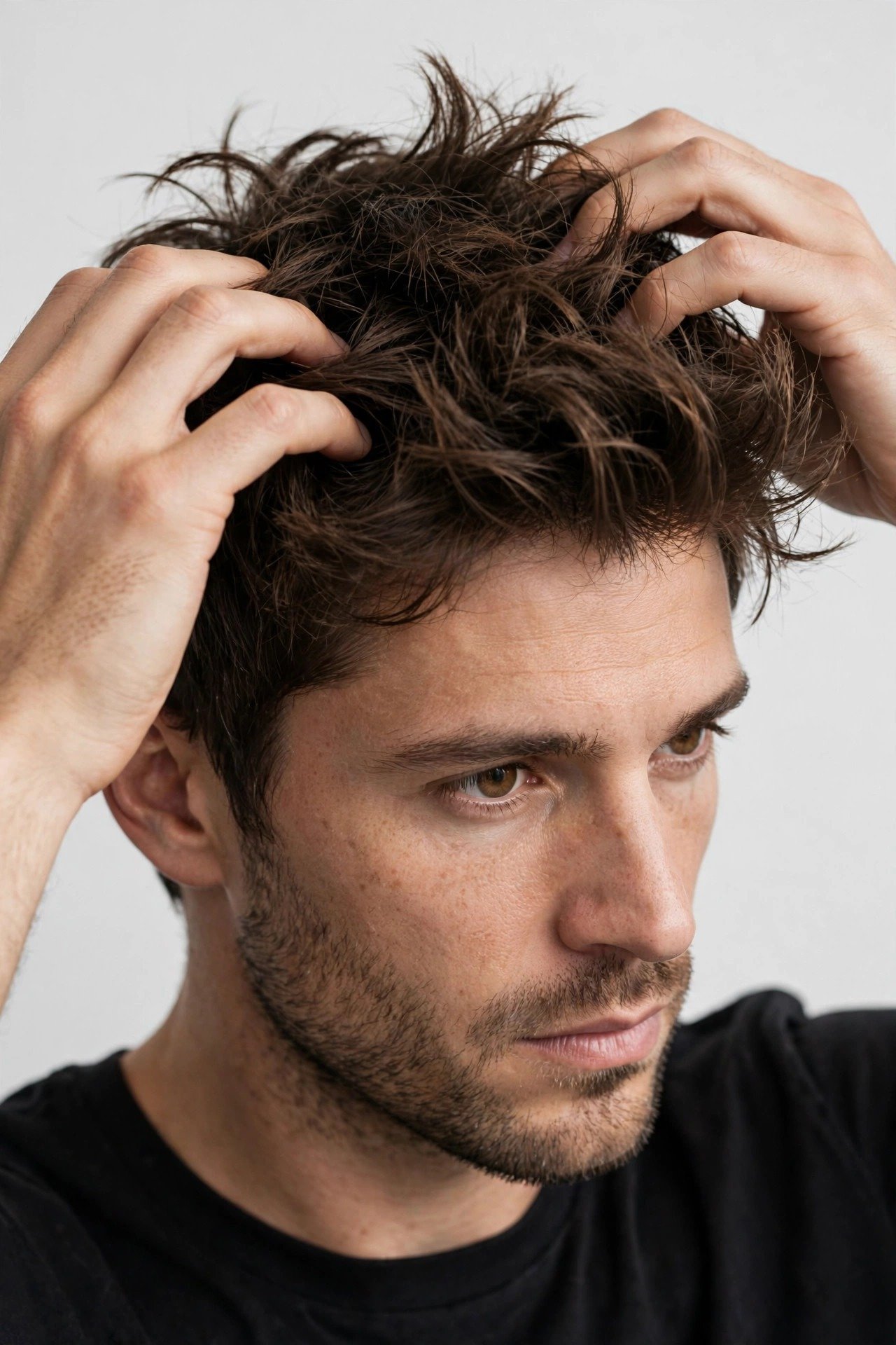 Man styling textured messy hair with matte clay using fingers for natural separation