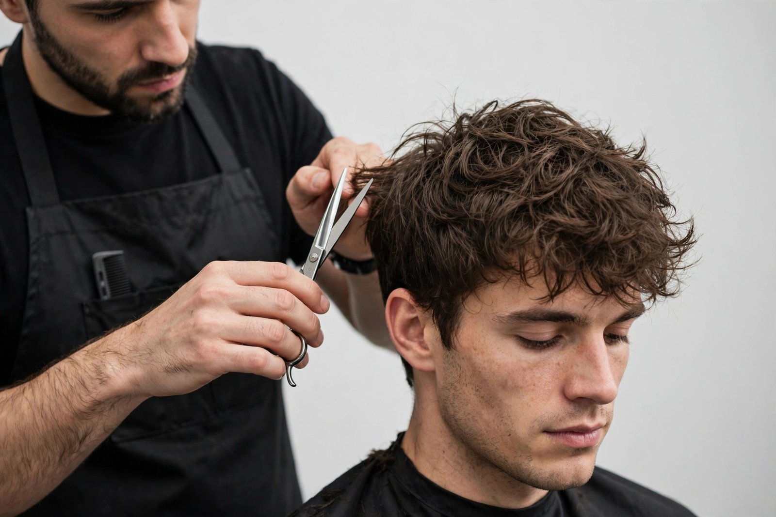 Barber trimming textured messy hair men to maintain shape and layered texture