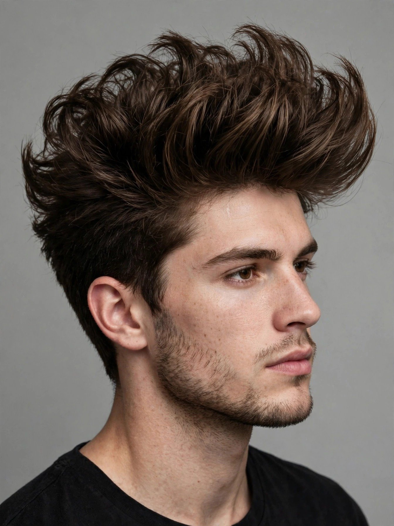 Thick quiff haircut men, massive voluminous lifted front with dense texture