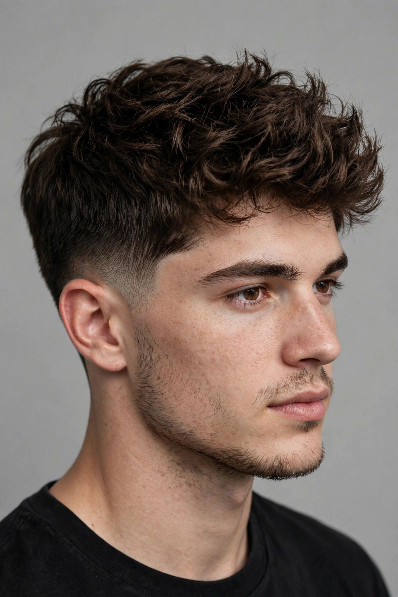 Thick hair taper fade, dense textured top with clean low taper