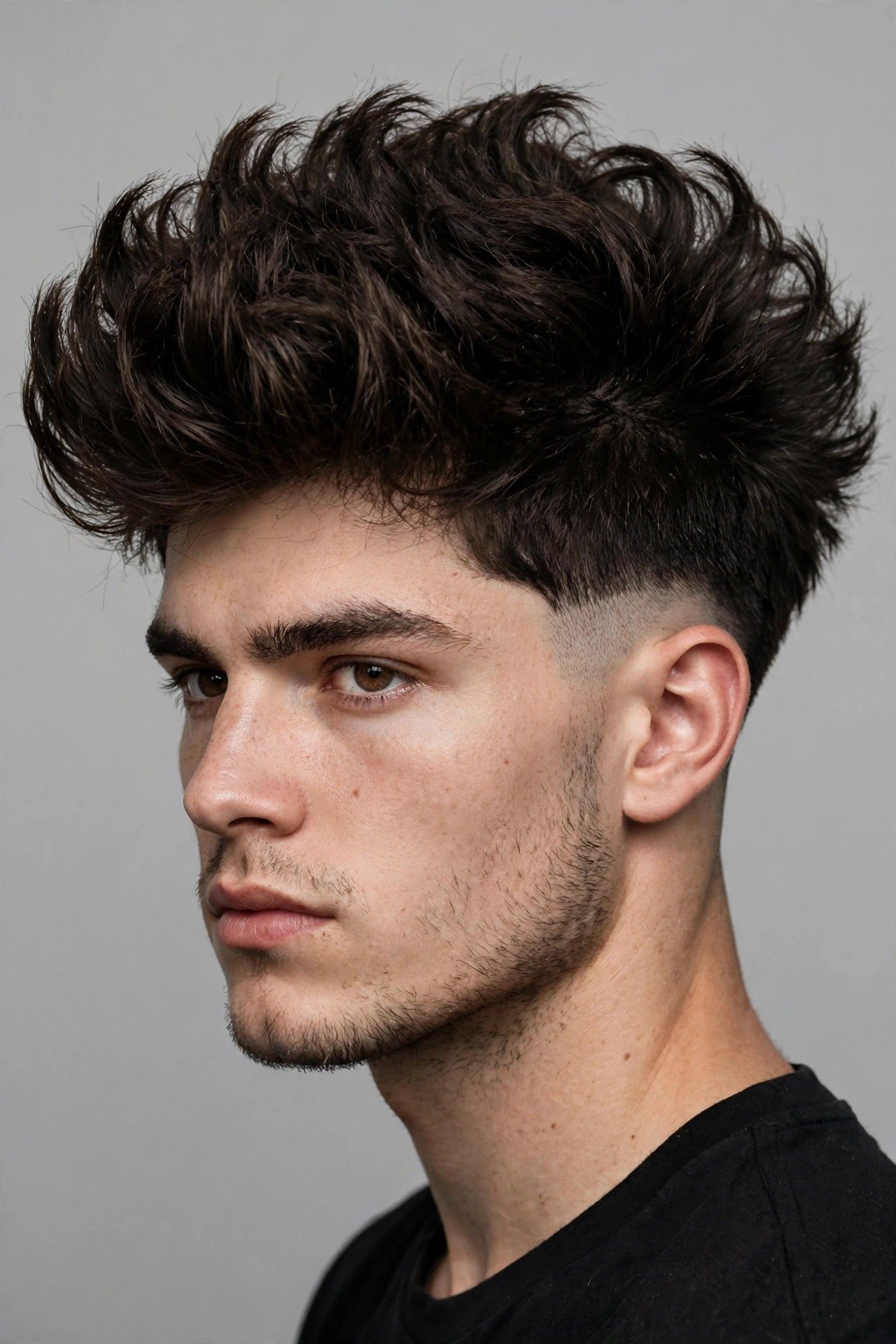 Thick hair undercut, heavy voluminous top with disconnected short sides